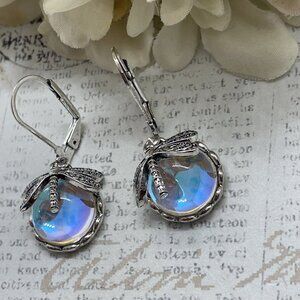 Silver plate Iridescent Dragonfly Wire Opal Earrings Fall Gift Mom Birthday Wife
